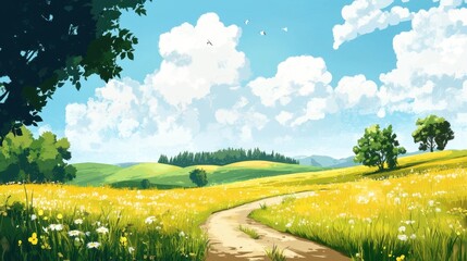 Fototapeta premium Serene Summer Meadow Path Winding Through Rolling Hills