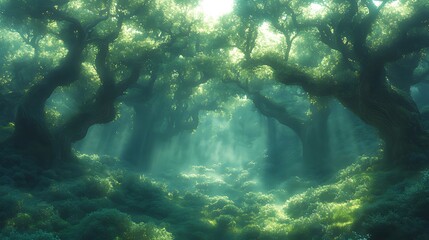 Fototapeta premium Sunlit Enchanted Forest Path, Mystical Haze, Nature Background