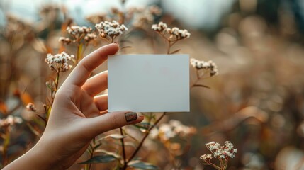 A hand holding a white card in a field of flowers