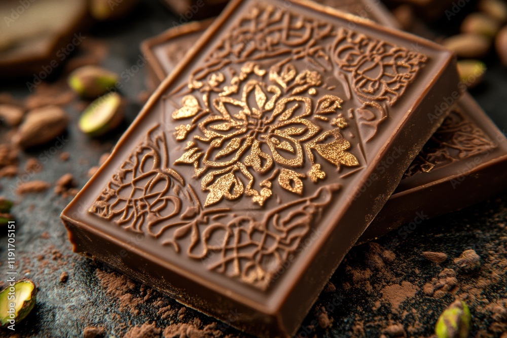 Poster indulge in a decadent chocolate bar adorned with intricate arabesque designs and infused with pistac