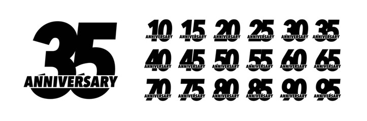 Jubillee date symbol, bold heavy numbers. Business anniversary vector logo set. Birthday company label. Anniversary celebrating emblems for sport and automotive brands. Vector illustration.