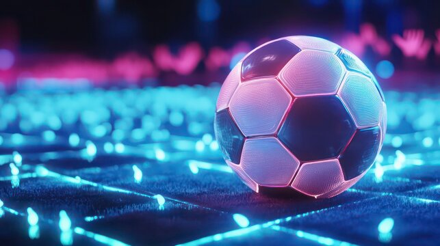 Glowing soccer ball on neon field.