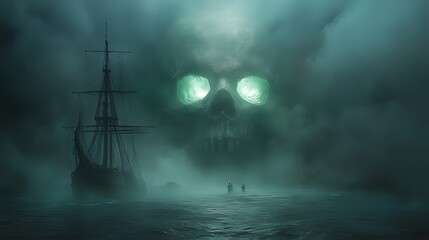 Fototapeta premium Glowing Skull, Foggy Sea, Sailing Ship, Figures, Horror