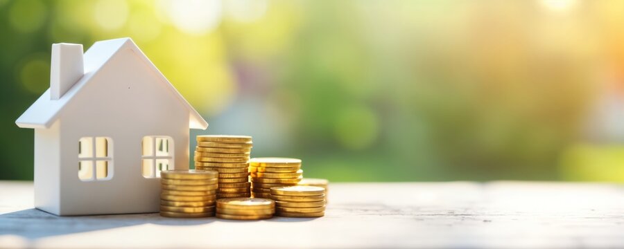 Low interest rates boost consumer confidence in housing market. Stacks of coins symbolize investments for future home purchases. Affordable mortgages fuel demand. Positive economic trend promotes