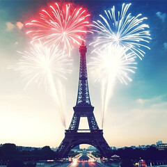 Fireworks Explode Majestically Over the Iconic Tower at Dusk, Illuminating the Cityscape Beautifully.