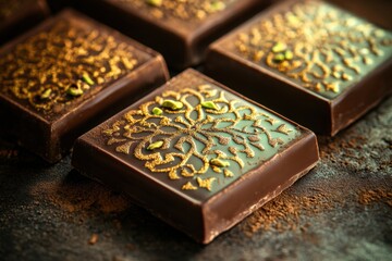 Indulging in a pistachio filled chocolate bar with rich arabesque patterns and golden highlights. Generative AI