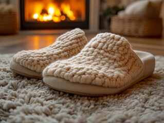 A pair of fluffy, tan slippers rest on a soft rug, inviting warmth and comfort on a chilly day.