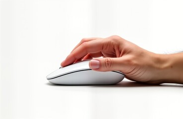 Close up photo of hand using modern wireless computer mouse. Person clicks mouse. Isolated on white background. Tech device. Input device. Ergonomic design. Simple modern tech. Easy to use. User