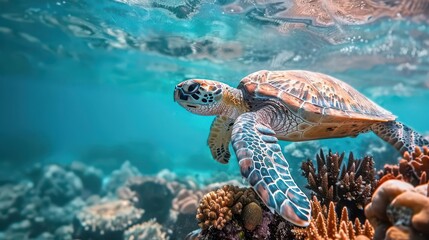 Obraz premium Serene Underwater World. Peaceful nature elements in azure water depicted with hawksbill sea turtle and...