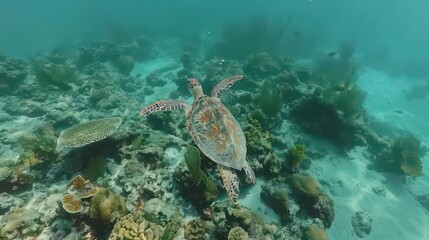 Fototapeta premium Graceful Encounter. Underwater beauty in the natural habitat of a Hawksbill sea turtle
