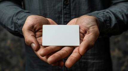 A man is holding a white business card in his hand