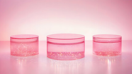Three Pink Glitter Podiums Stand on a Pink Background with Sparkling Details for a Glamorous Display