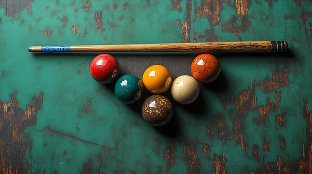 Vintage billiard cue & balls on rustic green table