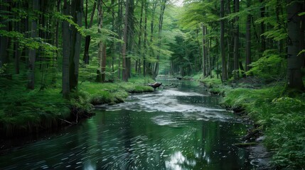 Obraz premium Serene Stream in the Forest. Lush Natural Landscape and Riparian Zone Concept