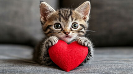 Adorable small kitten with a red heart in front symbolizing love and affection perfect for themes of pet adoption donations and Valentine's Day cards with caption space blurred bright light tone

