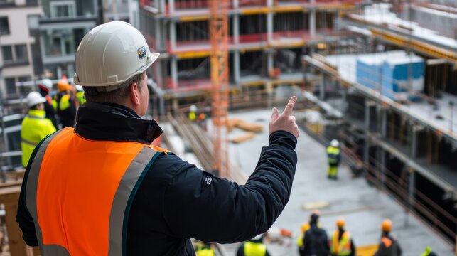 A detailed view of a construction safety officer conducting a safety briefing for workers on a high-rise construction site, Safety training scene, Occupational safety style
