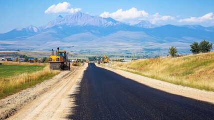 Fototapeta premium A dirt road in the process of being paved, with visible heavy machinery and open copy space.