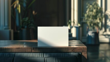 A white card sits on a wooden table in a room with a large potted plant