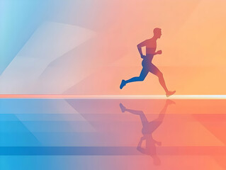 Fototapeta premium Silhouetted Runner Runs Across Gradient Background with Reflection, Embracing Fitness and Speed