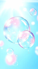Floating Soap Bubbles Create a Dreamlike Atmosphere in a Soft Blue Sky Background