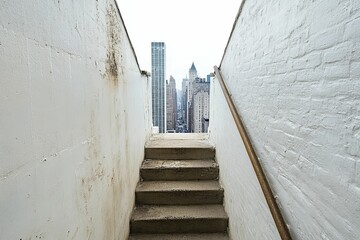 City view through weathered stairwell.
