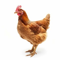 Full body studio shot of a brown hen standing against a white backdrop, showcasing its vibrant plumage and healthy appearance