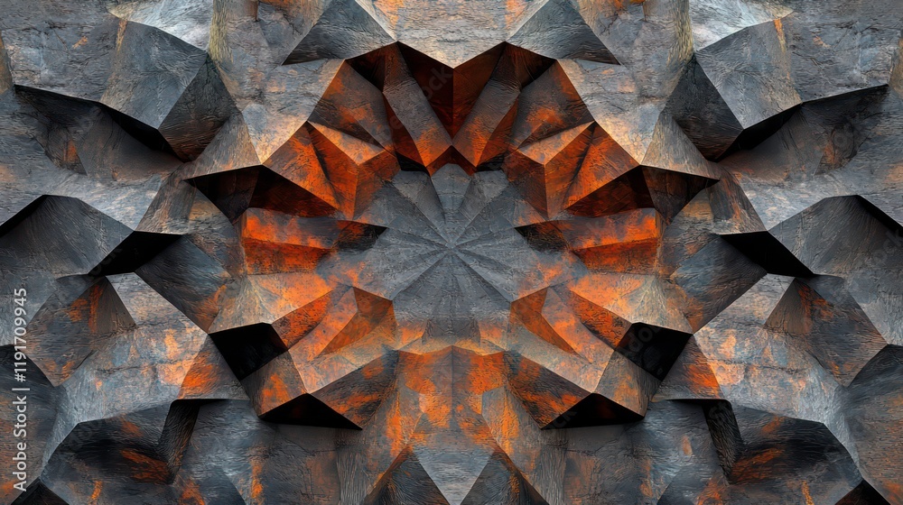 Poster abstract geometric low-poly dark stone pattern with fiery center.