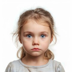 Studio portrait of adorable sad little girl with blond hair and blue eyes showing emotions on white background