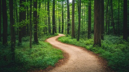 Fototapeta premium A forest trail winding through a grove of towering redwoods under a clear sky.