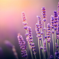 Naklejka premium Lavender flowers bloom beautifully in the pastel sunset glow of a vibrant garden.