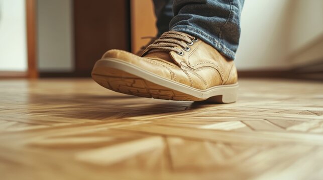 Tan leather shoe, denim, wooden floor, walking.