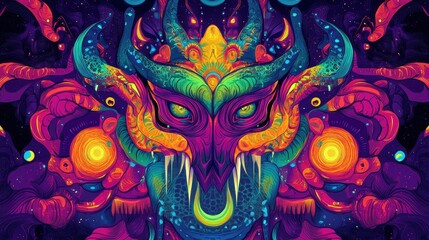 Vibrant Cosmic Dragon Mask Abstract Art Design