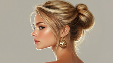 Fototapeta premium Elegant young woman with blonde hair styled in a sleek bun wearing bold gold earrings, shown in profile against a neutral background, exuding confidence and sophistication