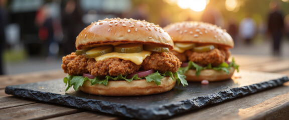 Delicious gourmet fried chicken sandwiches with fresh toppings displayed on a slate platter at a vibrant outdoor setting during Food Truck Festivals