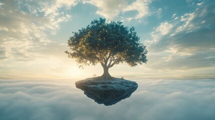 A giant, twisting tree with shimmering, colorful leaves growing from a floating rock, surrounded by a misty, dreamlike sky.