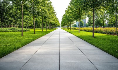 Paved walkway lined with trees, vibrant green grass.