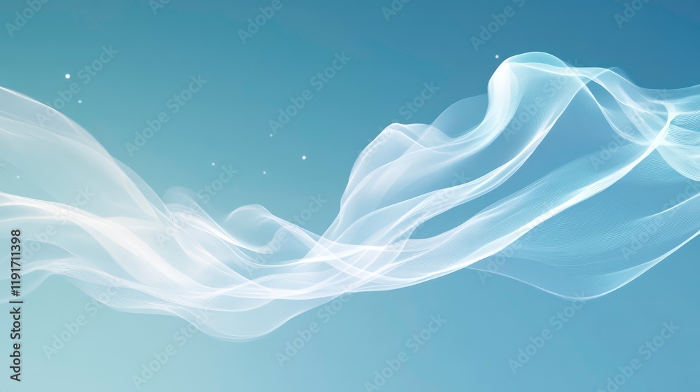 Aufkleber Abstract light blue background with flowing white translucent waves and sparkling particles.