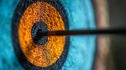 Arrow hitting the bullseye of a blue target on a sleek minimalistic background symbolizing precision, strategy, and business success with dramatic lighting and a blurred bright light tone

