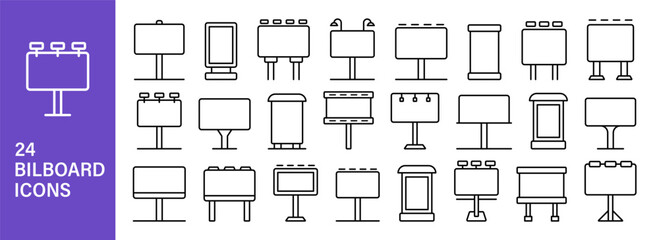 Billboard icon set. Advertising marketing symbols. Billboard, signboard outline icons. Vector