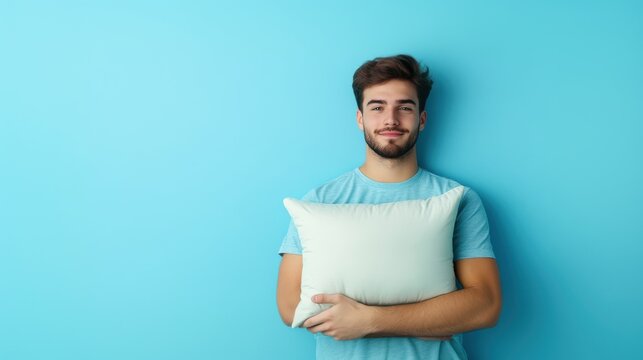 World Sleep Day with young smile woman holding soft pillow against light blue background. Copy space