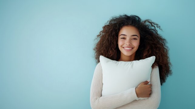 World Sleep Day with young smile woman holding soft pillow against light blue background. Copy space