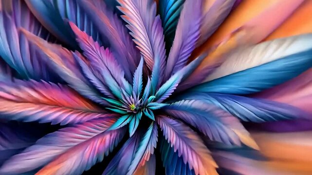Brightly colored leaves arranged in a stunning symmetrical pattern highlighting vivid blue, purple, and pink hues