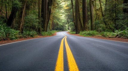 Obraz premium A paved forest road with patches of light streaming through gaps in the trees.