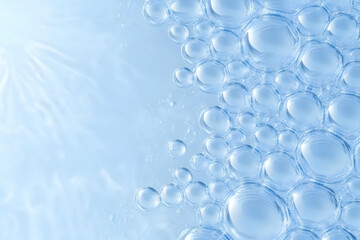 Abstract background of transparent bubbles smoothly floating on a softly sunlit light blue surface.