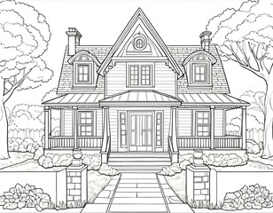 House Coloring page in black outline on a white background