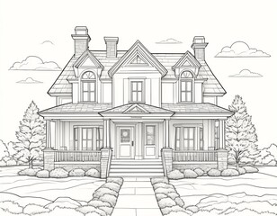 Fototapeta premium House Coloring page in black outline on a white background