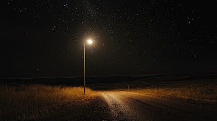 A quiet rural road lit by a single streetlamp, surrounded by open fields under a deep, star-filled sky.