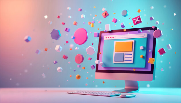 Colorful modules fly around computer screen displaying web page design. Modern design concept for website development. Creative tech elements assemble website template. Stylish presentation for web