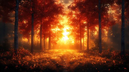 Autumn sunset path, forest, misty, orange leaves, background, nature wallpaper