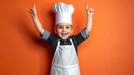 Young child in chef uniform poses happily against vibrant orange backdrop in playful cooking moment